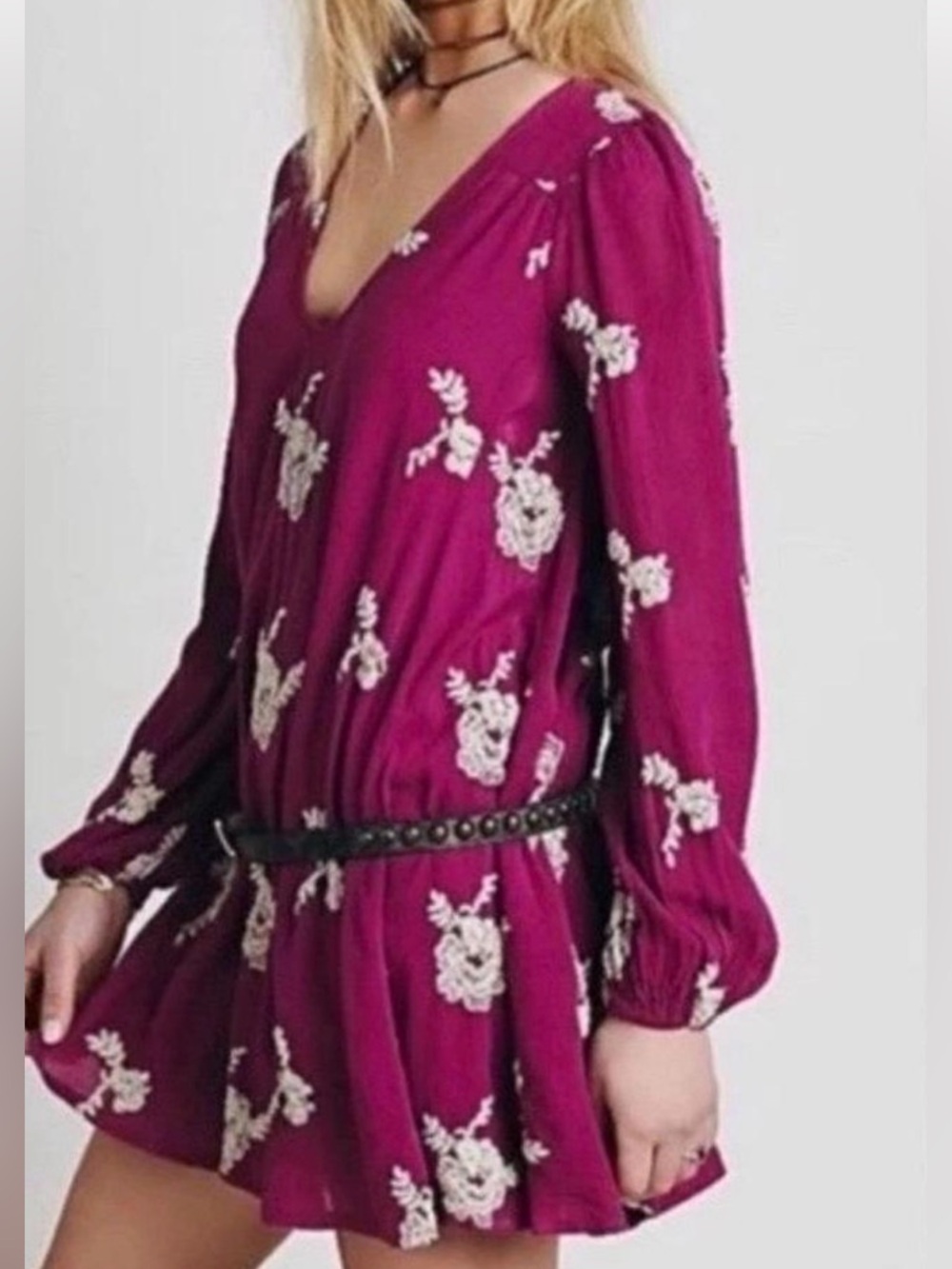 Free People Emma Swing Mini Dress Austin Floral Embroidered Tunic Size Large